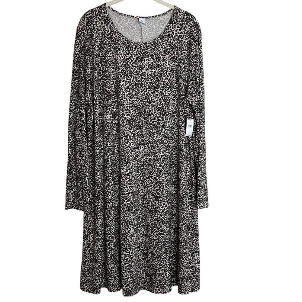 Old Navy Womens Flare Dress Size XL Dark Animal Print Long Sleeve Rayon Spandex